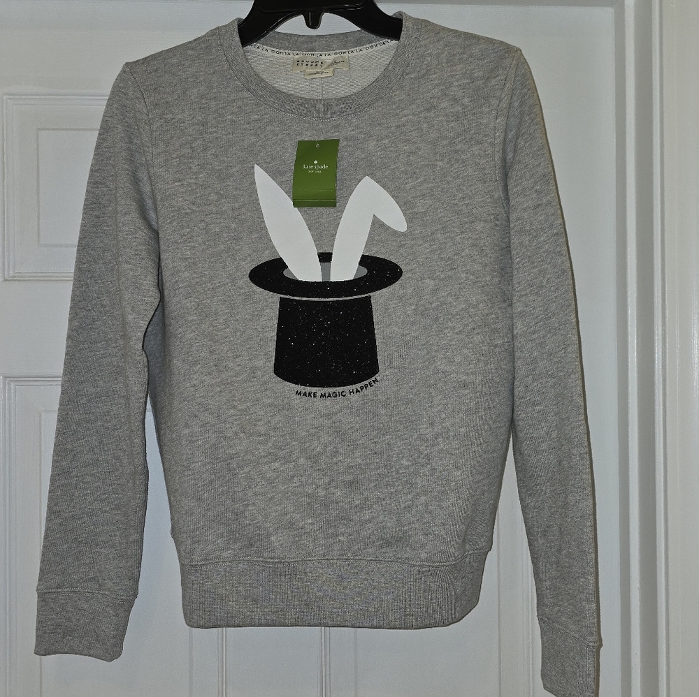 kate spade Grey Sweatshirt with Black Top Hat & White Bunny Graphic - Picture 1 of 4